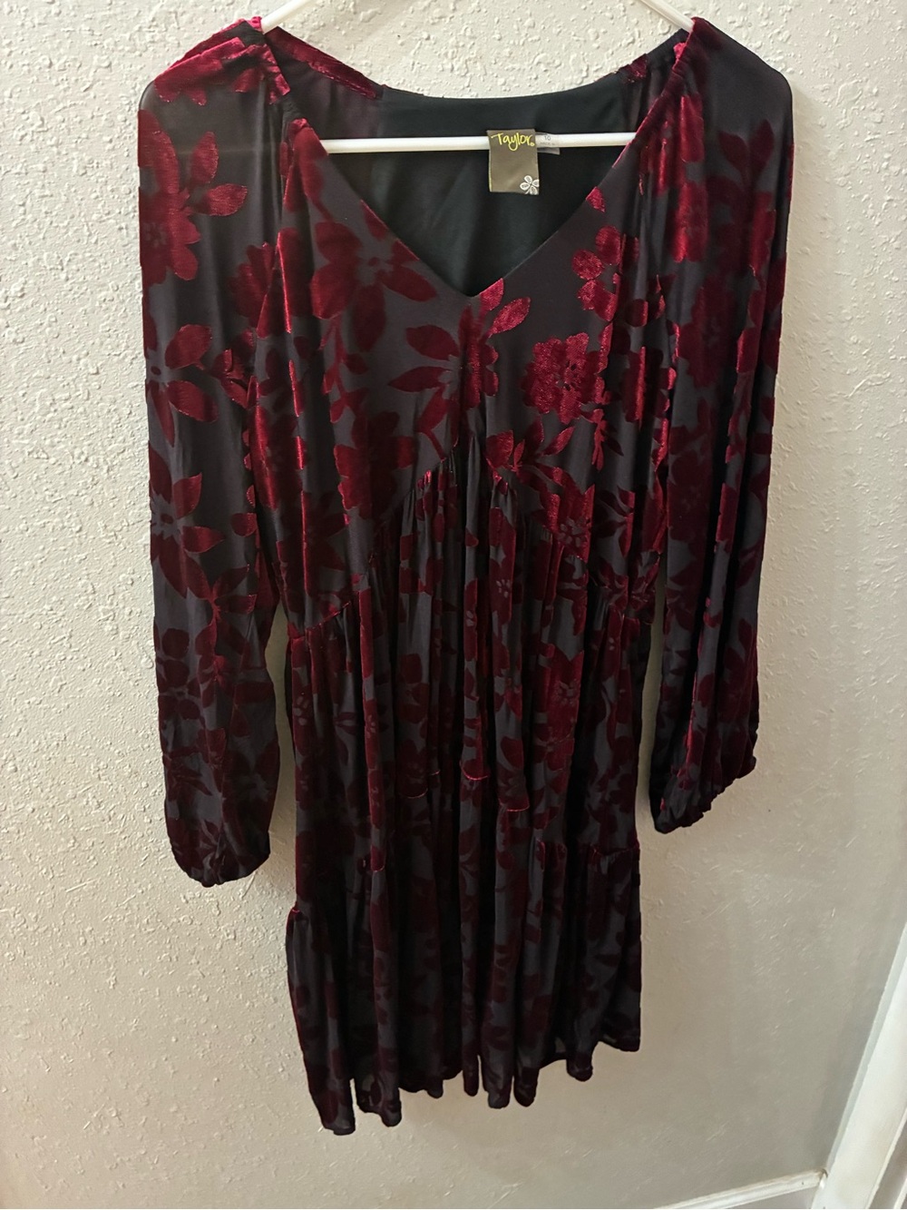 Taylor Women’s 10 Burgundy Floral Velvet Burnout V-Neck Long Sleeve Dress
